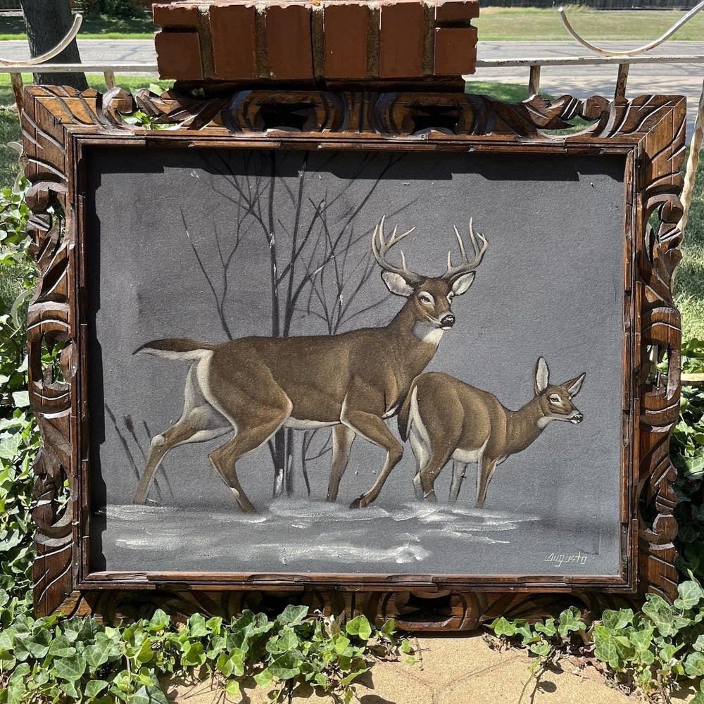 Vintage Black Velvet Painting Deer Buck & Doe Signed Augusto Hand Carved Frame